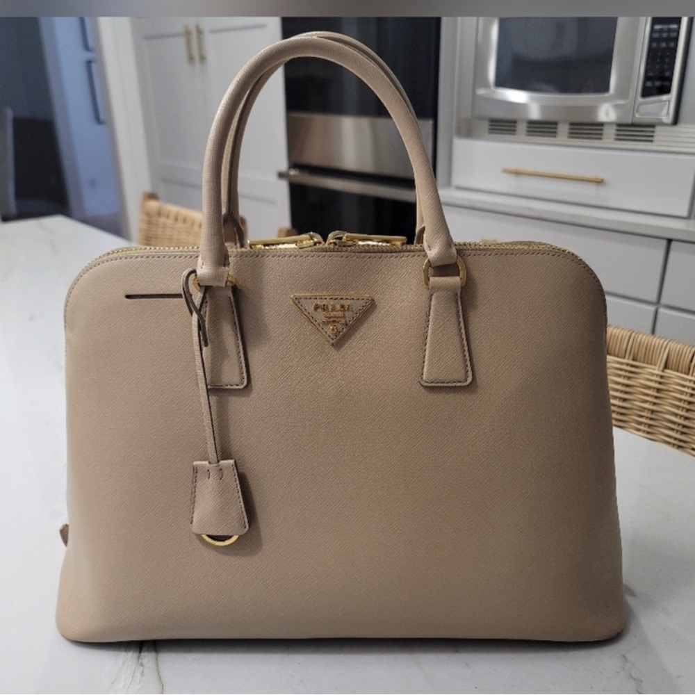 Prada Saffiano Lux Leather Top Handle Bag in Sabbia